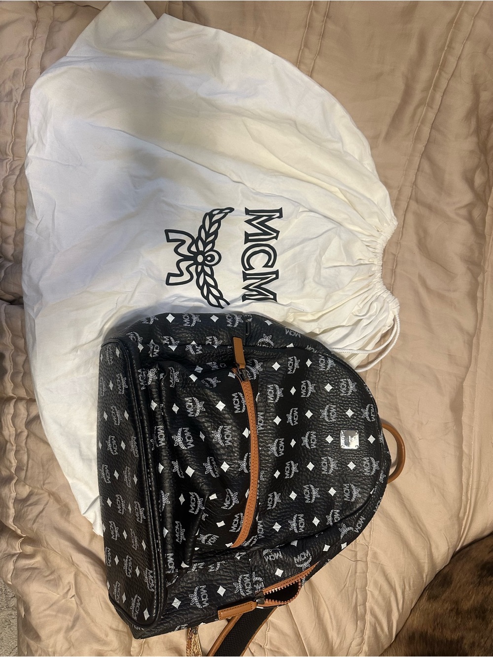 MCM Black Visetos large Backpack with Cognac Leather Trim
